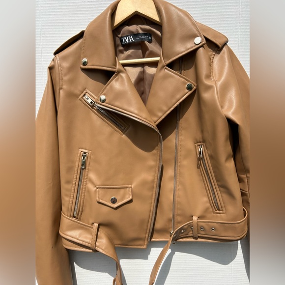Zara bloggers favourite Women Faux Leather Biker Jacket Light Camel Size L - Picture 8 of 15